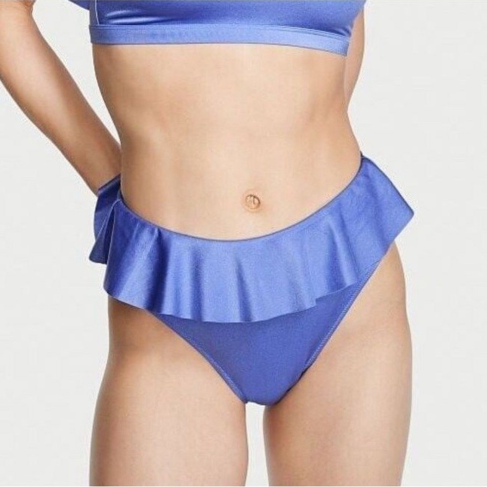 Victorias Secret Blue Ruffle Plunge Highwaist Bikini Swimsuit Set sz 34C & Large - Picture 7 of 14